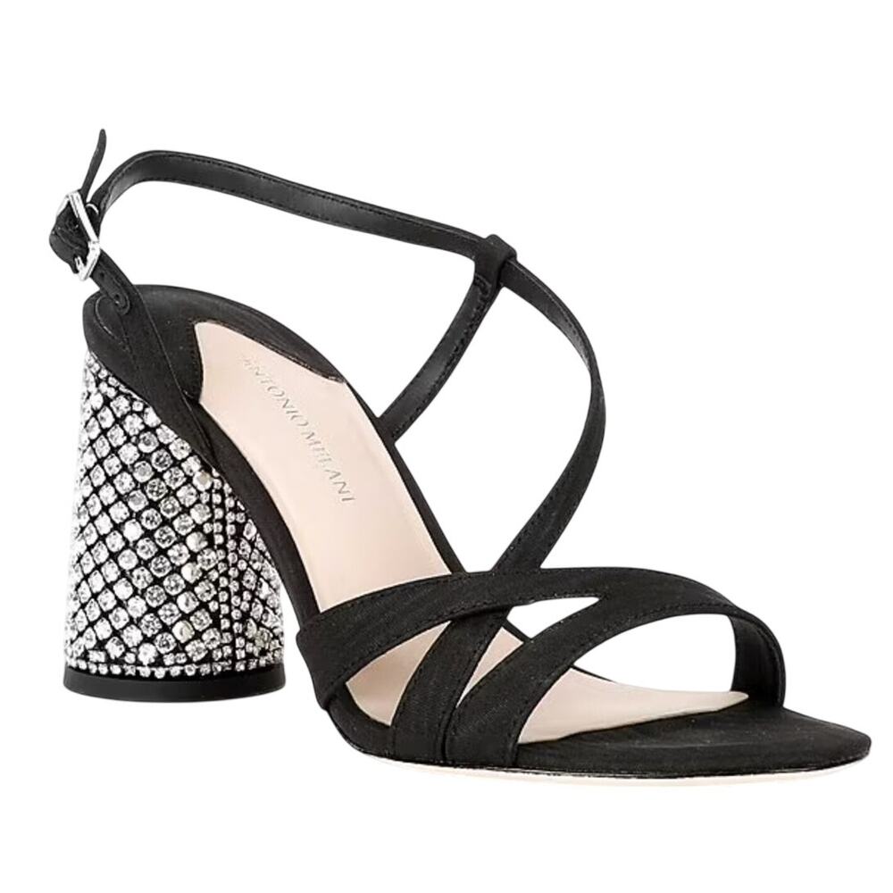 Antonio Melani black Rhinestone crystal Strappy Block Heel Sandals size 9 NWT